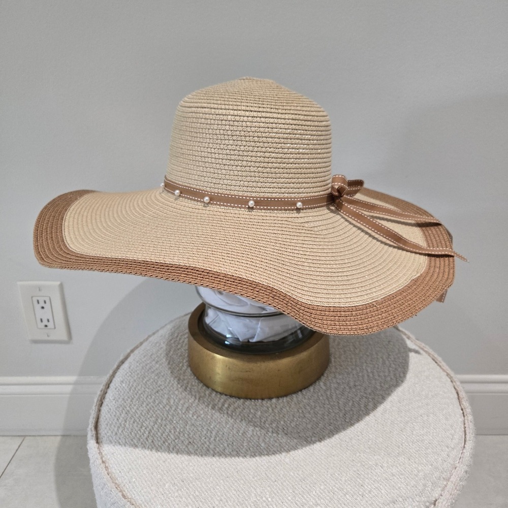 Sun Hat OS Beige Floppy Wide Brim Pearl Ribbon Bow Trim adjustable brim